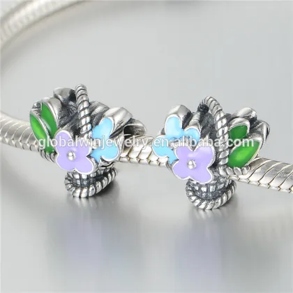 Elegant Flower Basket Sterling Silver Charm Enamel Bracelet Charm