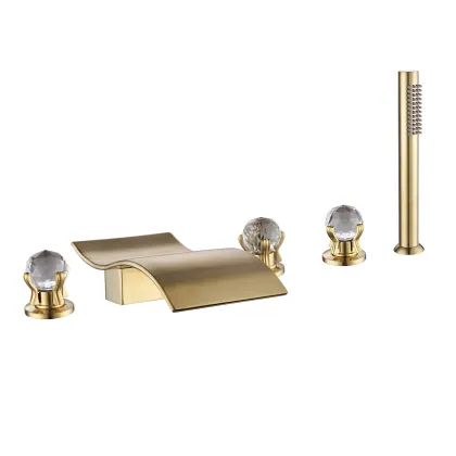 Brushed Gold Deck Mount Roman Tub Faucet Waterfall Tub Filler Set