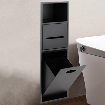 Matte Black Triple Tier Custom Wall Cabinet with Shower Niche, Toilet Paper Holder, and Dustbin