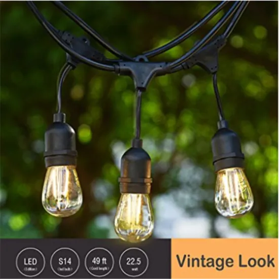Ambience LED Commercial Grade Outdoor String Lights with Hanging Sockets - Dimmable 2 Watt Bulbs - 48 Ft Market Cafe Edison Vint