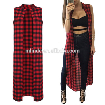 Wholesale Summer Women Casual Loose Long Plaid Blouses Sleeveless Shirts Lapel Tops Cardigan Coat Plus Size