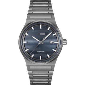 HB1514119 Men Gunmetal Ion-Plated Automatic Watch, Vertical Brushed Black Dial Date Window Transparent Rotor Case-Back Solid Sta