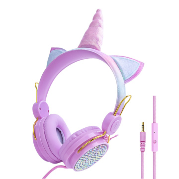 Casque câblé pliable casque Unicorn Diamond Kids Headphones avec des oreilles de chat LED Microphone