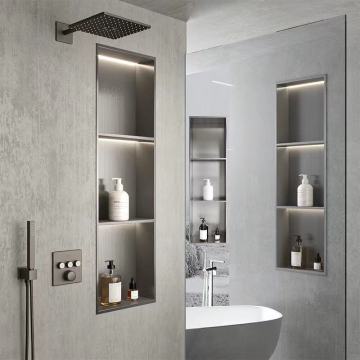 Bathroom Stainless Steel Triple Wall Recessed Lighted Shelf with Green Light and White Shelves