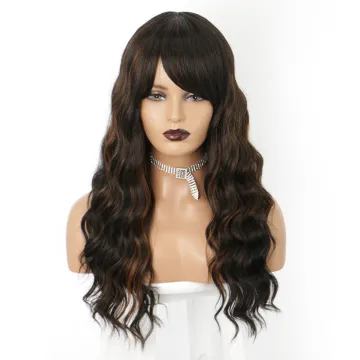 Vigorous loose wave curly long highlight brown hair with bang heat resistant synthetic fiber wig no lace front for women