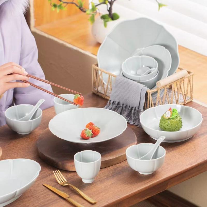 Sophisticated Asian-Inspired Tableware Set with Gray Bowls and Plates
