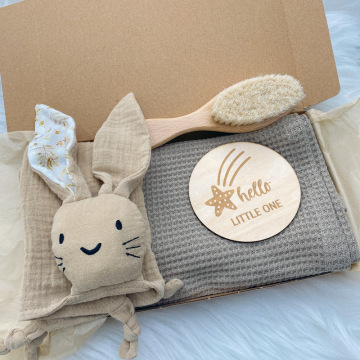 Personalized Newborn Gift Set: Muslin Cotton Rabbit Comforter & Waffle Throw Blanket with Wood Brush and Cards