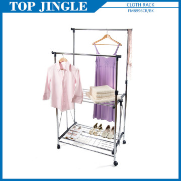 2-tier Foldable Metal Clothes Hanger With Wheels And Shoe Rack