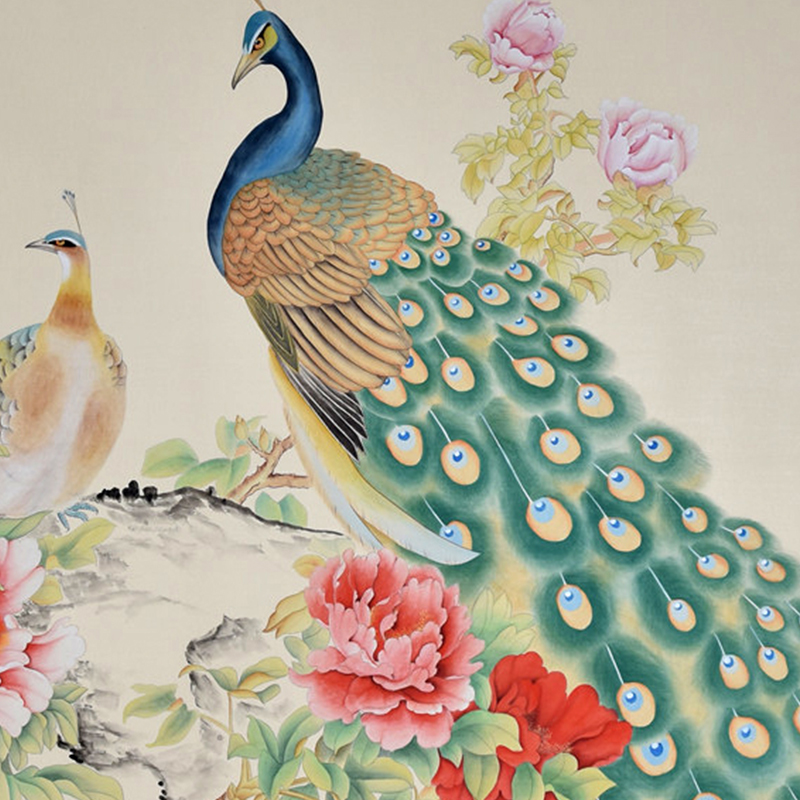 Elegant-beige-bird-hand-painted-wallpaper