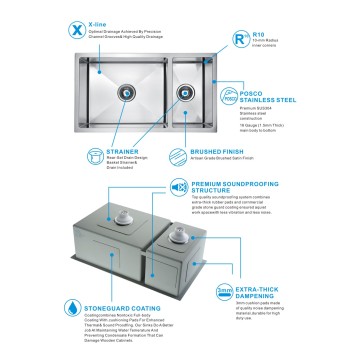 Pías de cociña 70/30 Double Bowl Undermount Sink