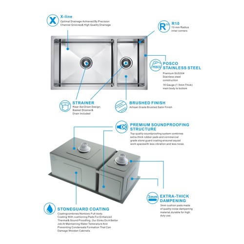 Pias de cozinha 70/30 tigela dupla submound pia