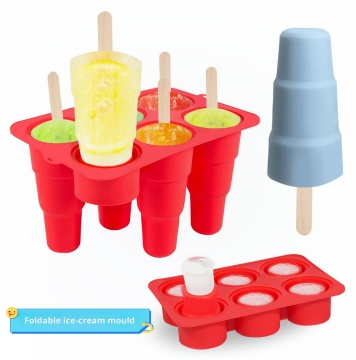 Acuan sorbet silinder 6 -lubang yang boleh dilipat - acuan ais krim silikon gred makanan dengan pemegang kayu