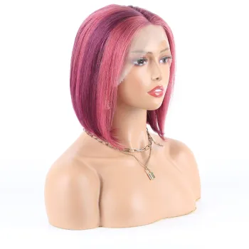 Purple Pink Brazilian Human Hair Bob Lace Wigs, Cheap Dark Purple Lace Front Wigs,Ombre Piano Purple Human Hair Wigs