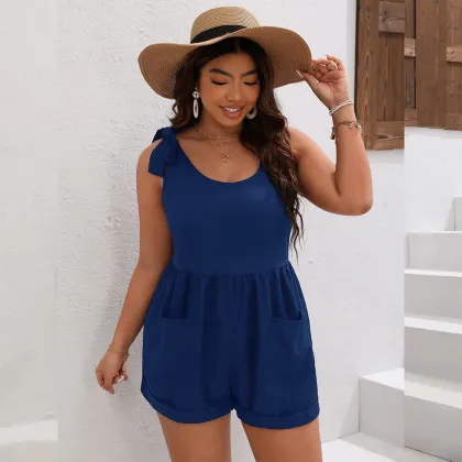 Wholesale Women's Adjustable Straps Round Neck High Waist Jumpsuits with Square Pockets in Customizable Patterns and Sizes