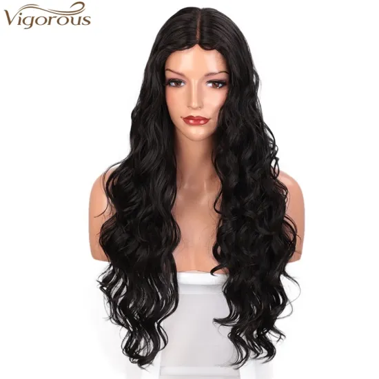 Vigorous High Temperature Long Body Wavy Wig Middle Part Synthetic Natural Black Wigs For Black Women Wholesale Price