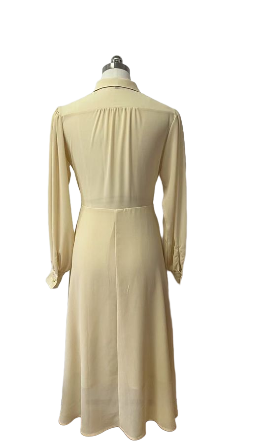 Beige Long Sleeve Polyester Chiffon Maxi Dress