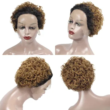 Wholesale machine made pixie curly short wigs, #30 T lace line 100 virgin human short hair wigs, short human hair wigs