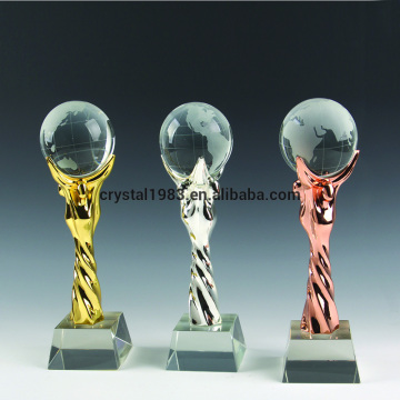 Customized crystal ball trophy wholesale golden rose golden silver metal pillar with k9 black crystal base