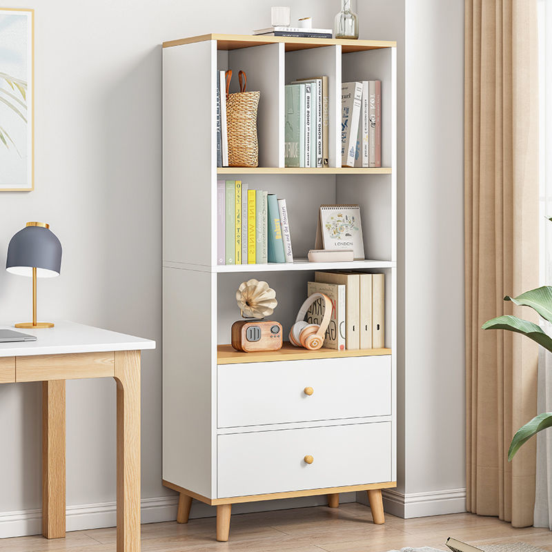 White Wood Bookcase With Drawers