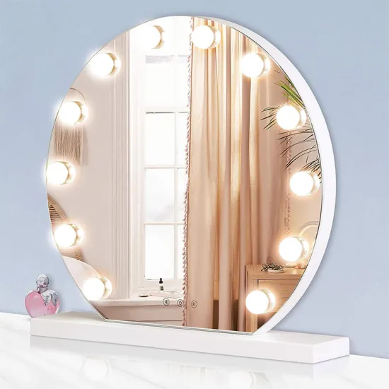 Smart Hollywood Mirror with Rotating Stand, Defogging, Dimmable Lighting, and Built-in White Makeup Desk
