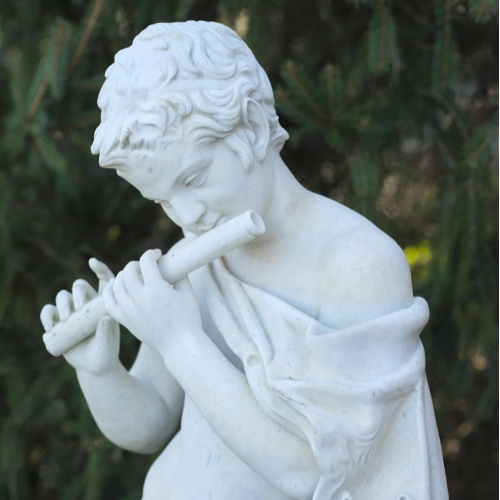 Italian Marble Faun Sculpture Flute and Lion Pelt