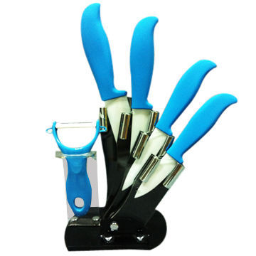 Blue Color Ceramic Knife Set with 1-piece Ceramic Peeler and Block