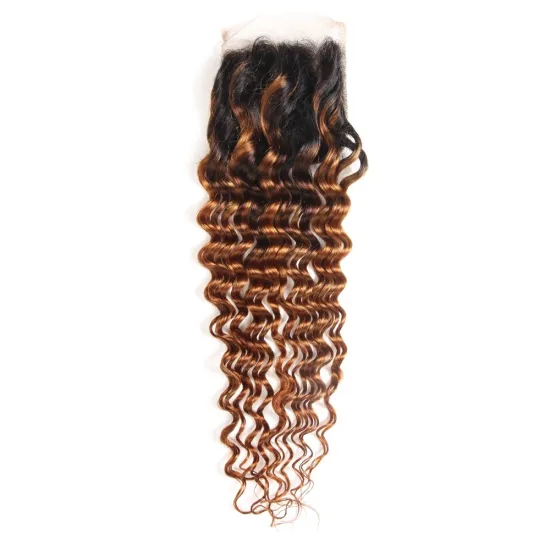 High Density Dark Roots 1B30 Deep Wave Raw Virgin 4*4 Lace Frontal Closure