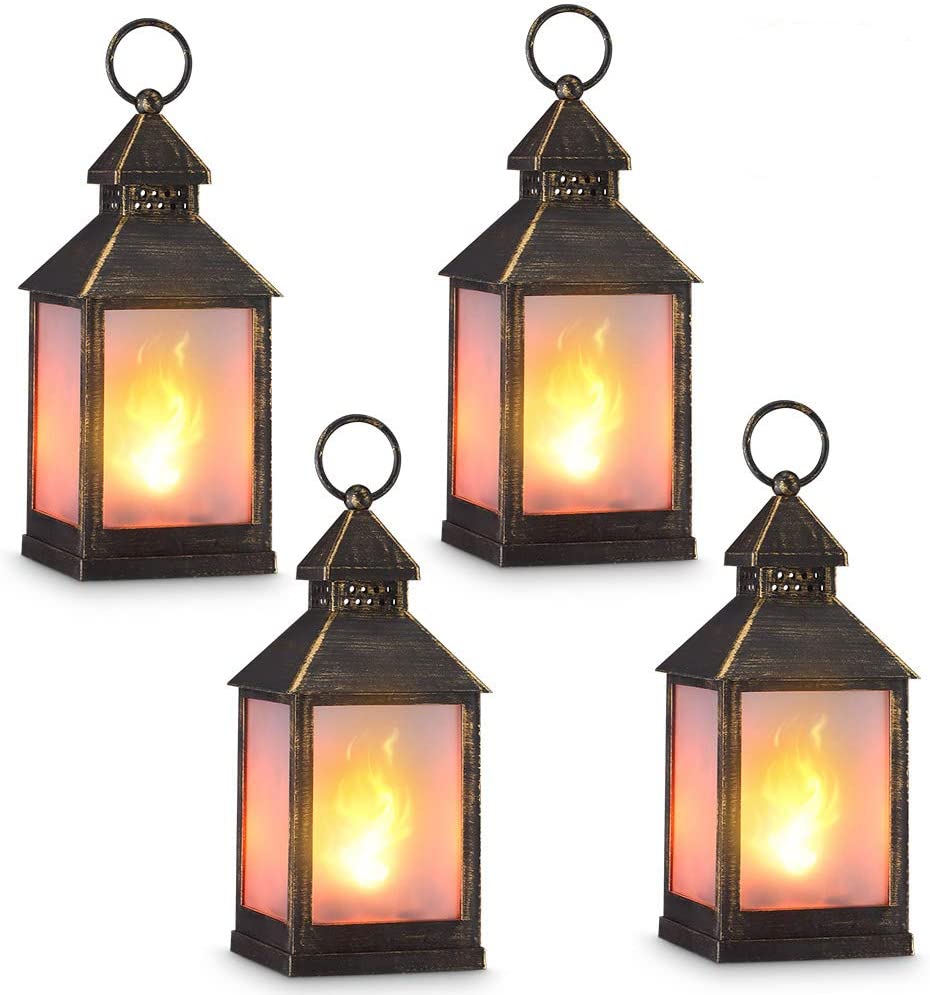 Flame Effect LED Lantern Golden Bürsted Schwarz