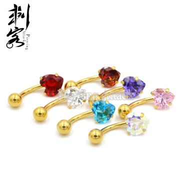 Gold Titanium Anodized Prong Set Heart CZ Crystal Belly Button Piercing