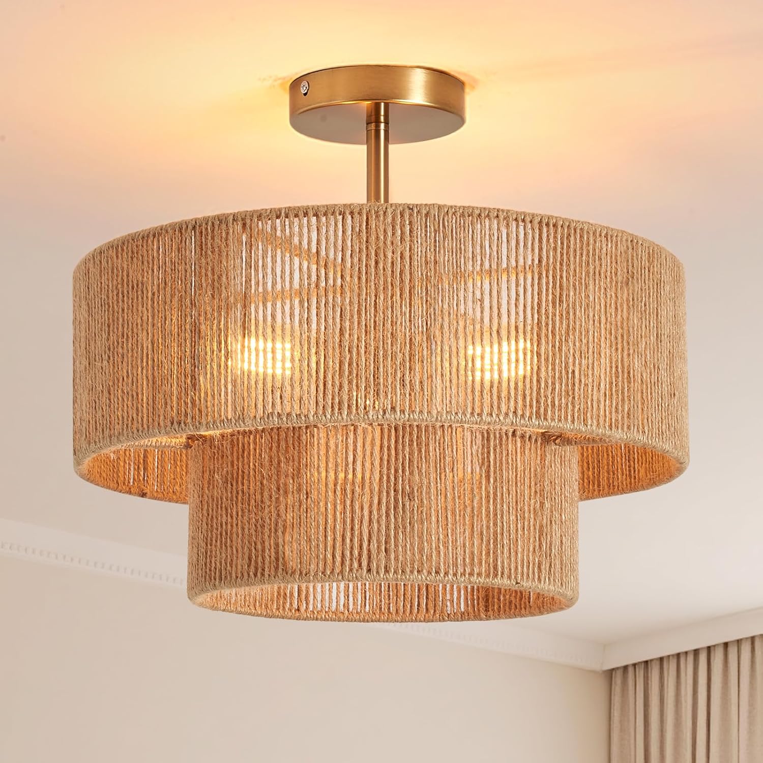 Boho Coastal rope With 2-Tier Drum Shade Farmhouse Chandelier Bedroom Semi Flush Mount Ceiling Lamp (13)