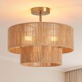 Boho Coastal rope With 2-Tier Drum Shade Farmhouse Chandelier Bedroom Semi Flush Mount Ceiling Lamp