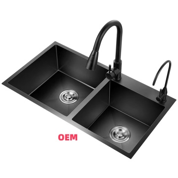 Wholesale Handmade Nano Black Stainless Steel Rectangular Undermount Double Bowl Kitchen Sink