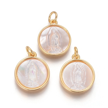 Gold-Plated Virgin Mary Pendants on Flat Round Shell and Jump Ring Bracciaricci