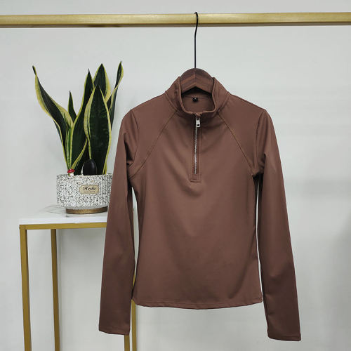 Brown Half Zipper Breathable Riding Tops