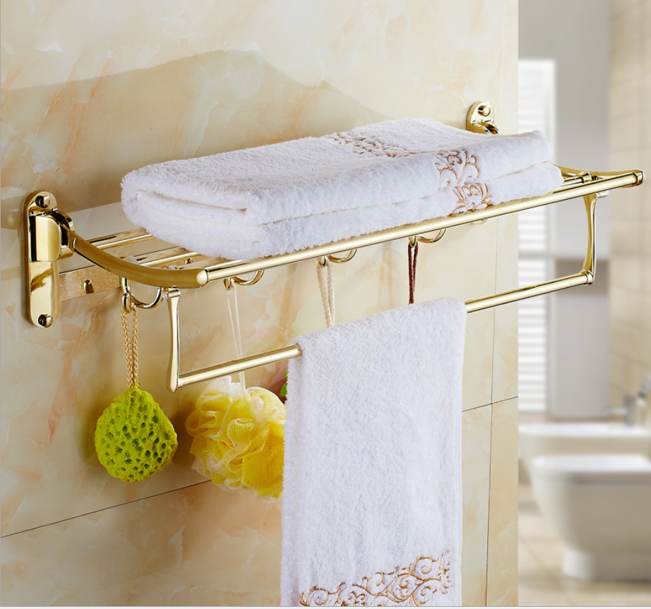 رف الحمام القابل للطي على الحائط من الفولاذ المقاوم للصدأ الذهبي مع خطافات قابلة للإزالة