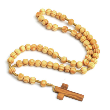 Rosario a basso costo cattolico in legno con perle di legno e Gesù Cross - Gioielli religiosi all'ingrosso