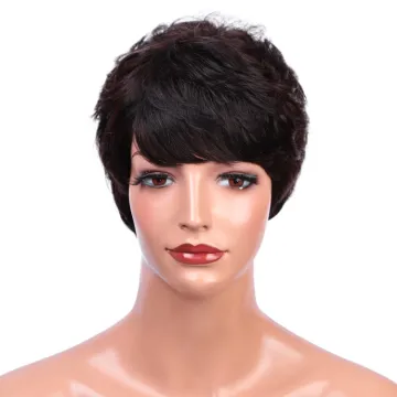 Brown Natural 100% Real Brazilian Raw Machine Pixie For Black Women With Bangs Curly Short Real Human Hair Wigs