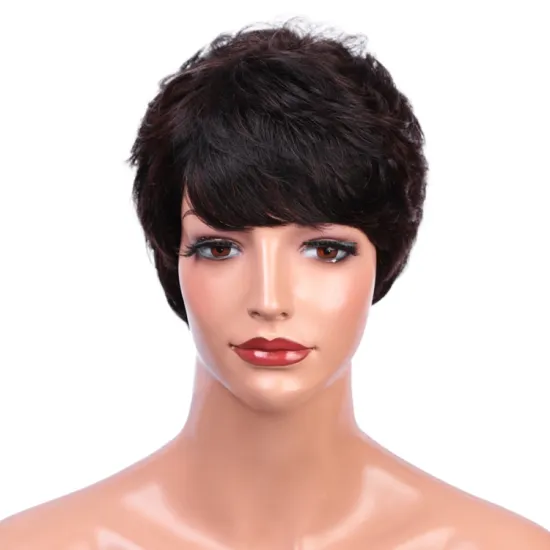 Brown Natural 100% Real Brazilian Raw Machine Pixie For Black Women With Bangs Curly Short Real Human Hair Wigs