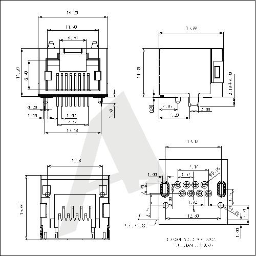 ATRJ5621-8P8C-X-D-A-A-003 RJ45 JACK Side Entry, 1X1Port Shield Without LED & EMI Ultrathin Type