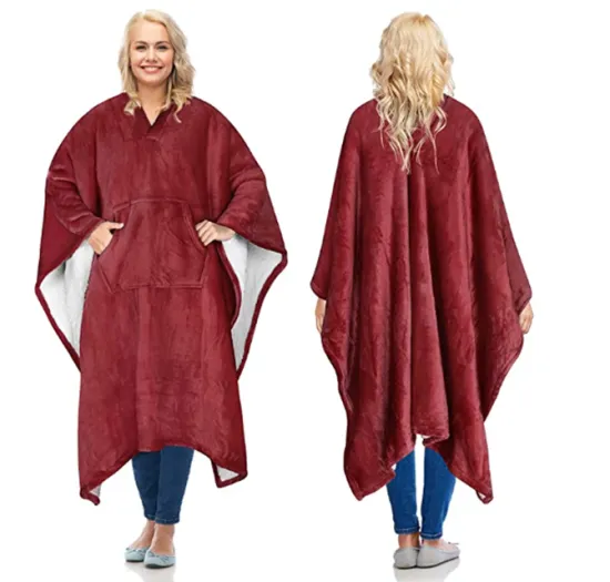 Sherpa plus  flannel fleece wearable Hooded reversible move pocket design  Hoodie Blanket For Home