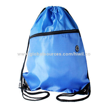 Nylon drawstring bag with a front zipper pocket, eco-friendly