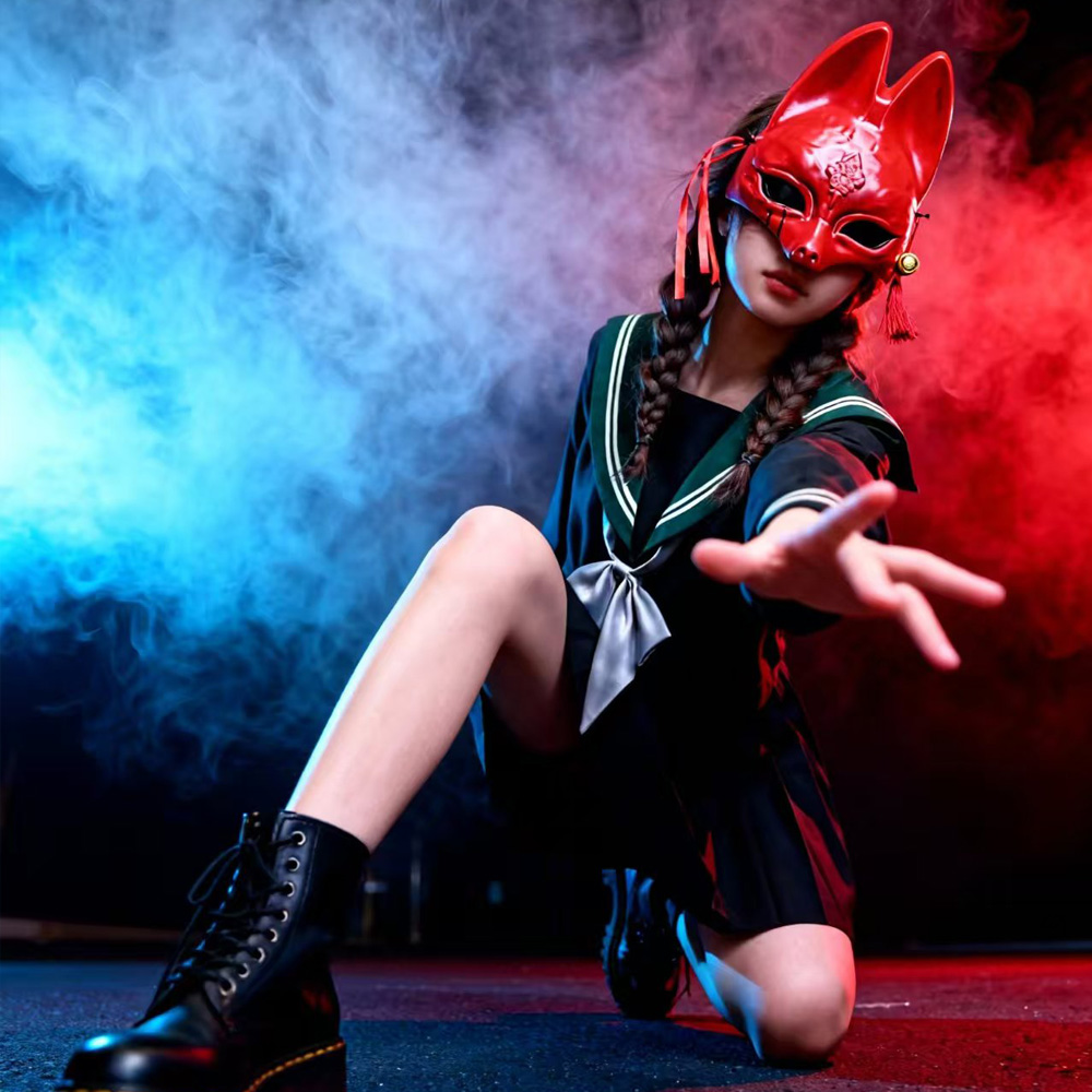 Red Floral Engraved Kitsune Cosplay Mask