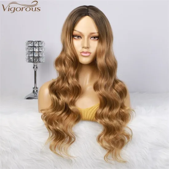 Vigorous Top Quality Cheap Long Ombre Black To Brown Wavy Wigs Middle Part High Temperature Synthetic Wigs For Black Women