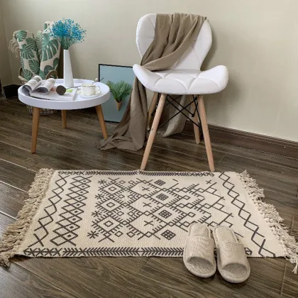 Bohemian Tassels Rug Woven Floor Mat Bedroom Living Room Tassel Rug Cotton Tassel Home Carpet Rug Sofa Runner Home Decor