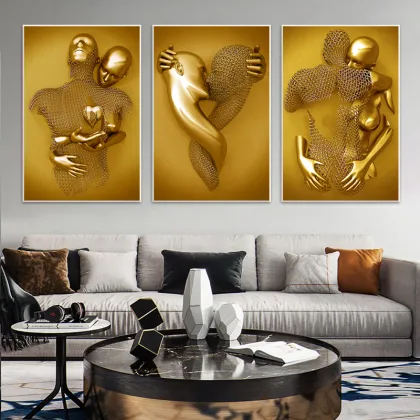 Romantic Abstract Wall Art: Golden Lovers Statue Canvas for Modern Living Rooms