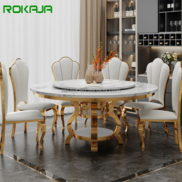 Luxe gouden roestvrijstalen basismarmeren bovenste ronde eettafel met draaitafel voor 6-8 stoelen