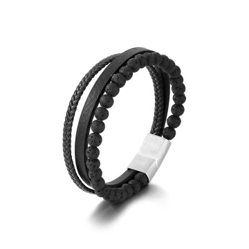 KALEN Retro 210mm Men's Stainless Steel & Leather Bracelets with Volcanic Rock Beads