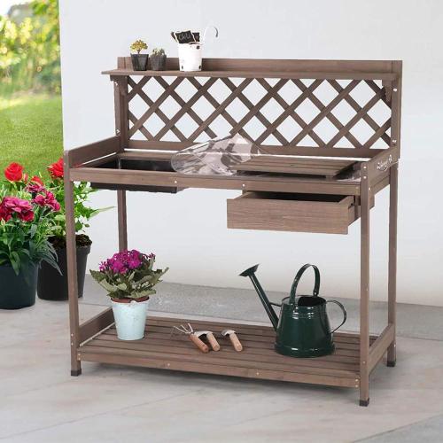 Brown Potting Bench Outdoor Gardening Work Bench with Sink & Lid Factory