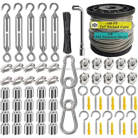 1/8\" Stainless Steel Cable Heavy Duty Turnbuckle Wire Tensioner Kit for 100ft 7x7 Strand Wire Rope and Aircraft Cable