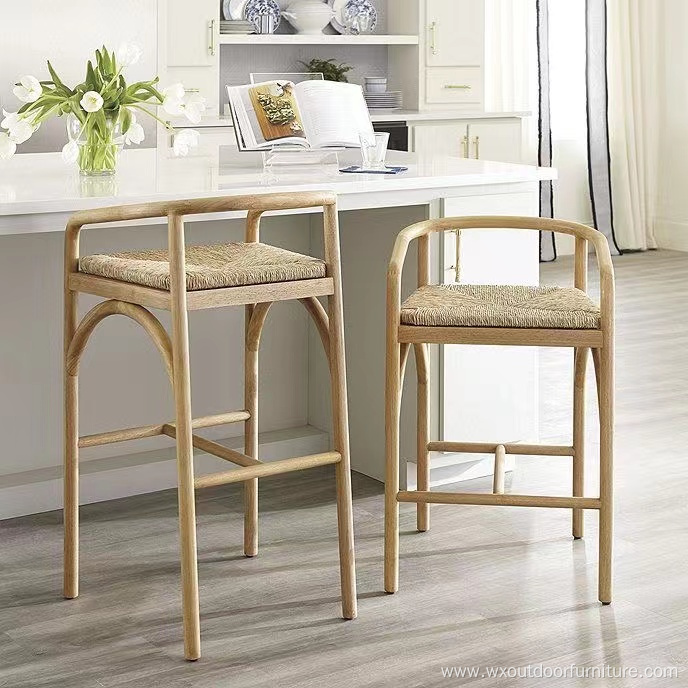 Wooden Coffee Cafe Shop Armrest high Kitchen Restaurant Dining Wood Bar Counter Stool with Rope Seat